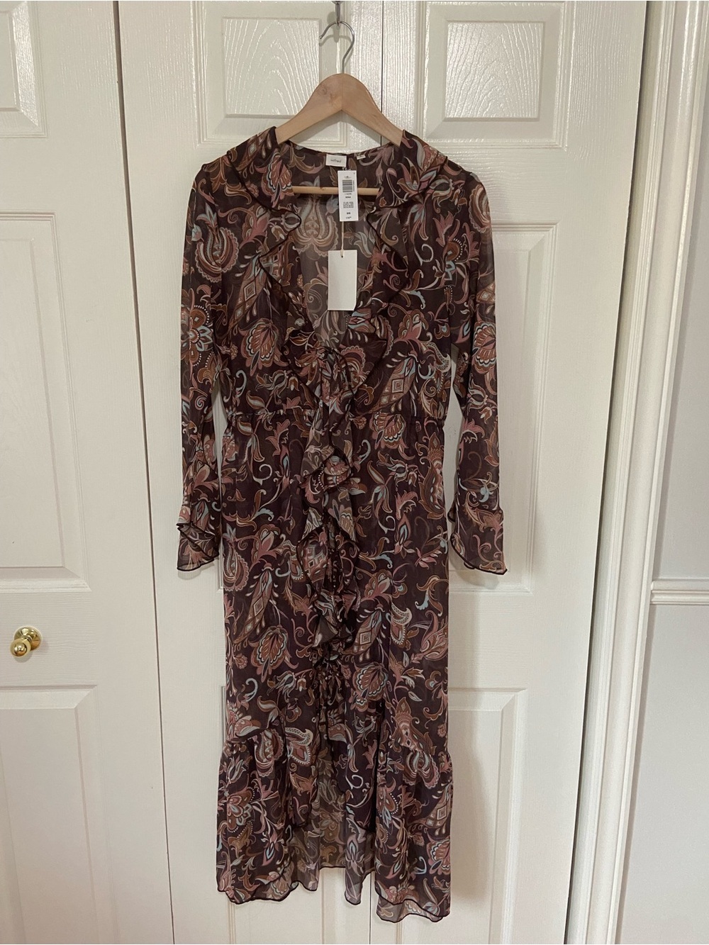 Aritzia Wilfred NWT Mina Floral Ruffle Bow Tie Shear Midi Dress Size Medium - Picture 4 of 10